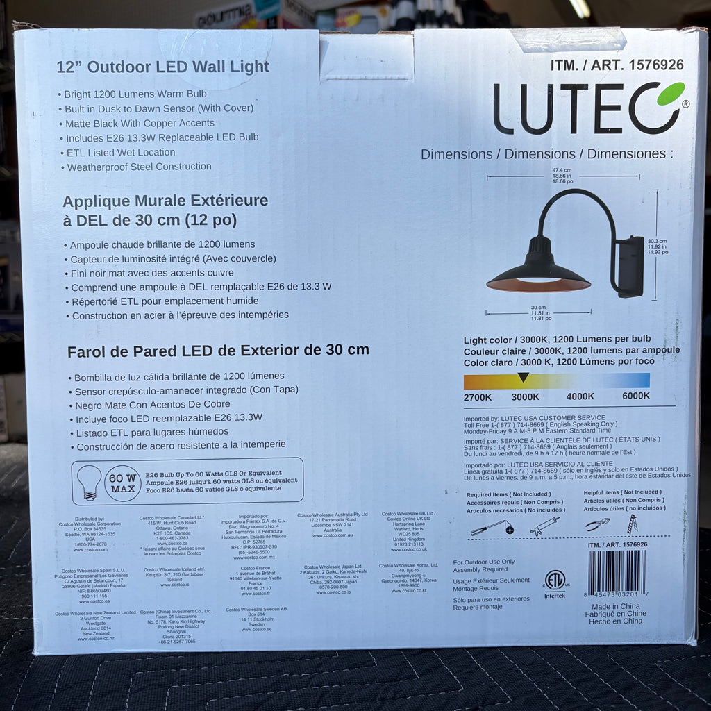 LUTEC 12-Inch Outdoor LED Wall Light with Dusk-to-Dawn Sensor