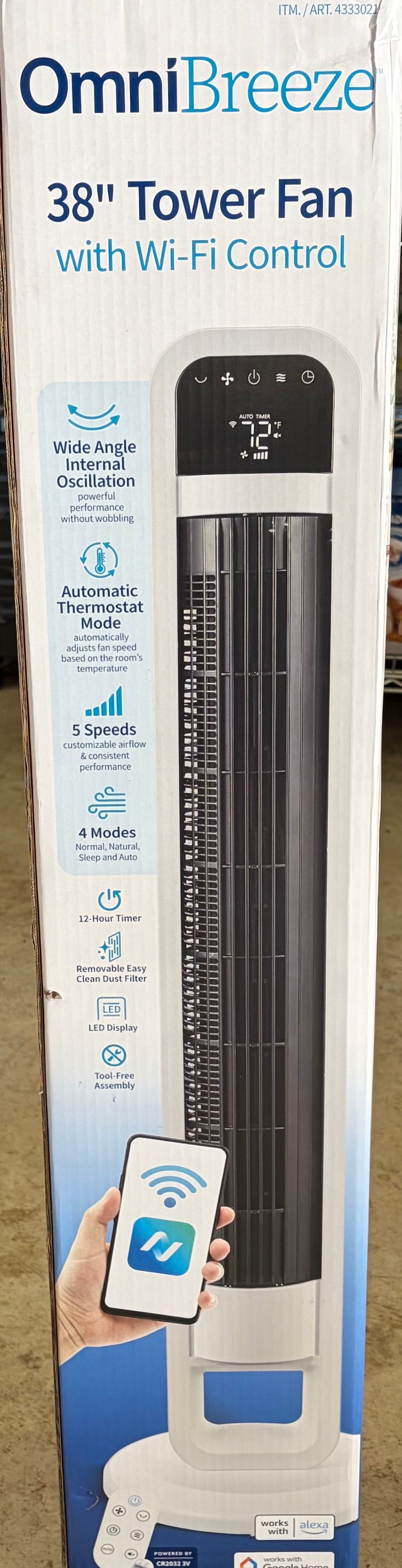 OmniBreeze 38 in. Tower Fan with Internal Oscillation and Wi-Fi