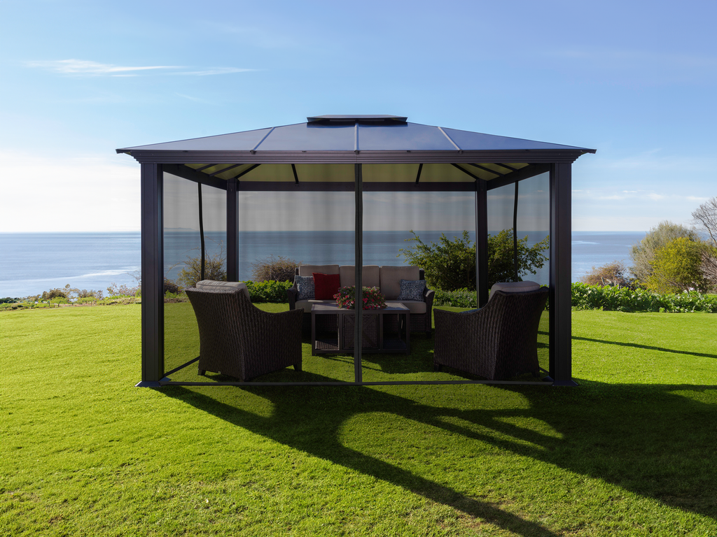 Paragon Outdoor Santa Monica gazebo with black mosquito netting installed